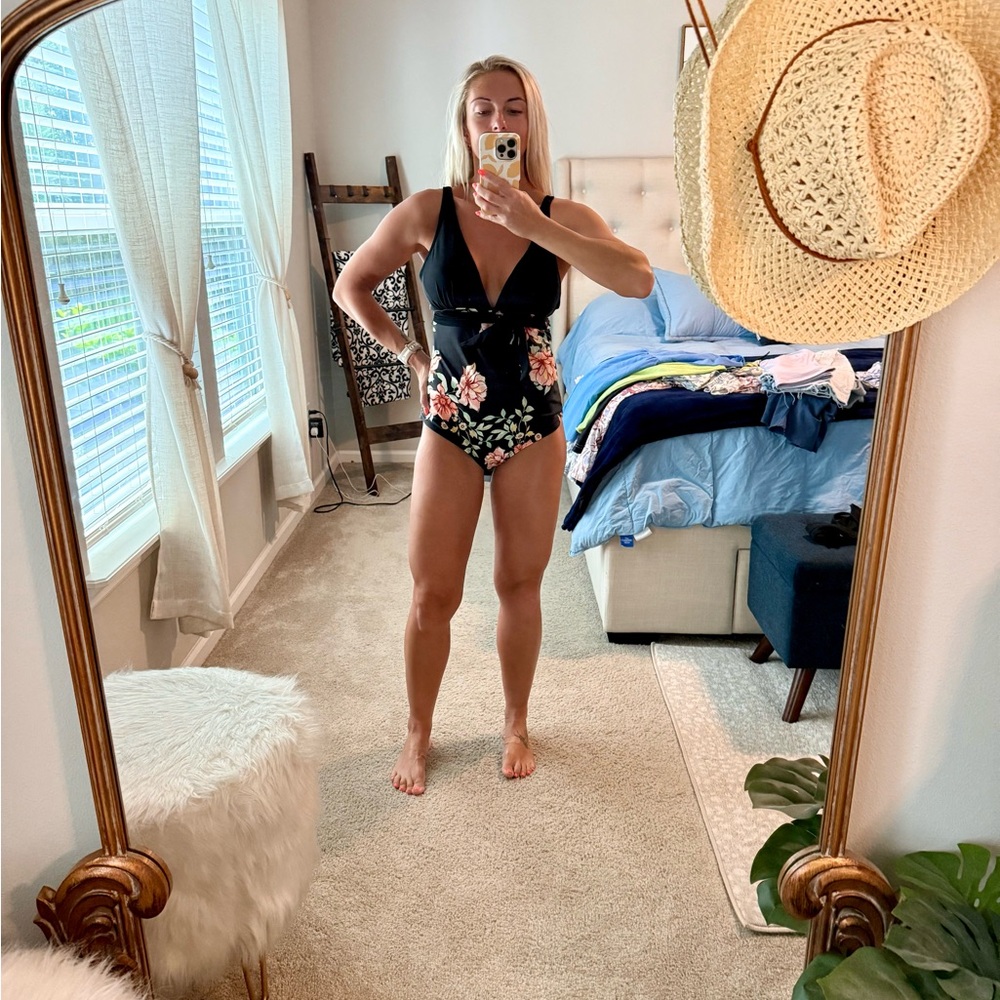 Pink Lily Black Floral One Piece Swimsuit